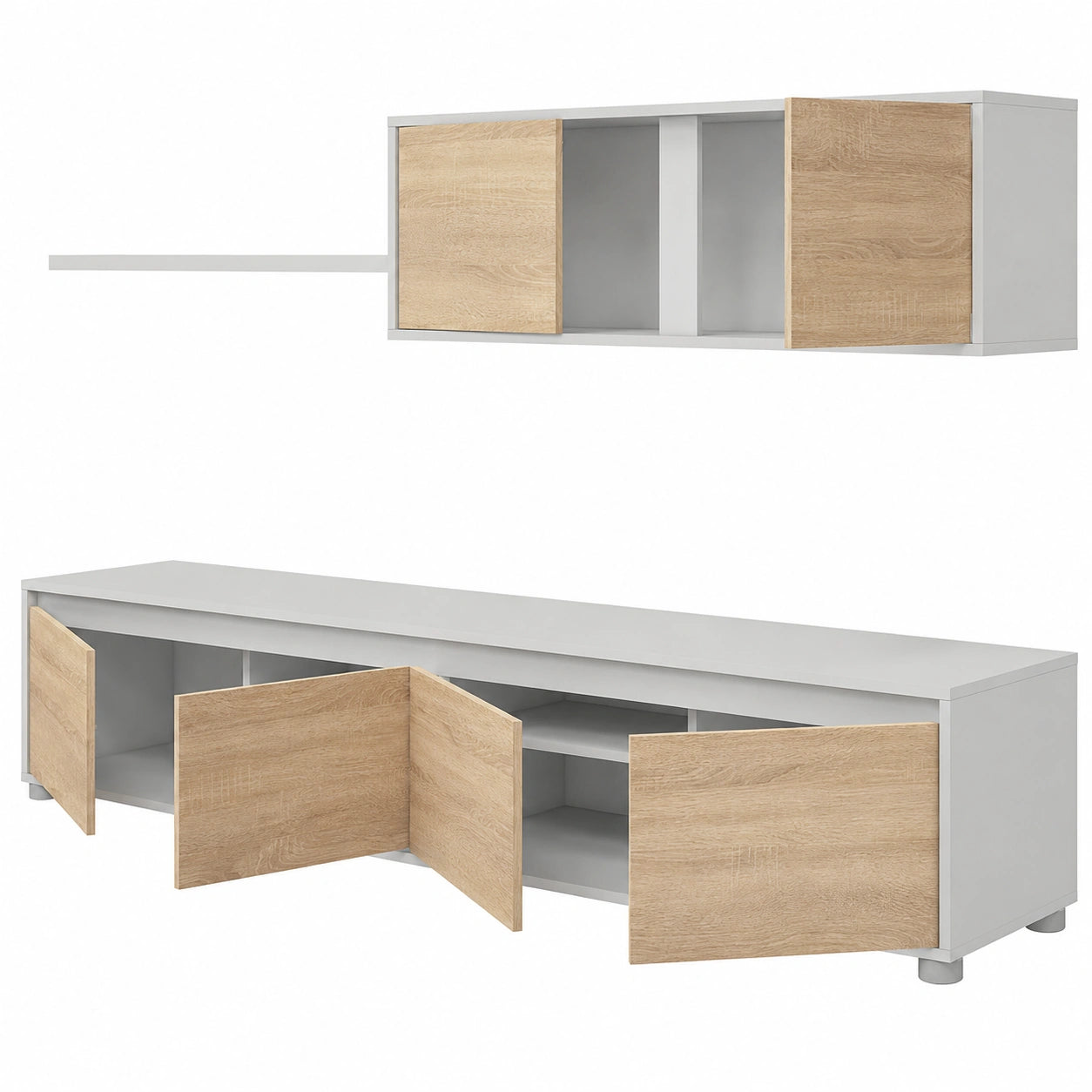 Mueble de Salón Moderno Alida, Blanco Artik y Roble Canadian, 200x43x41 cm