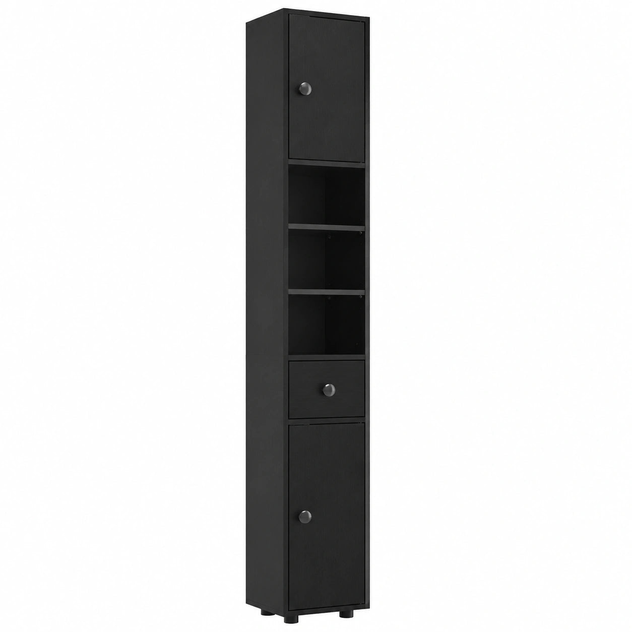 kleankin Armario Alto de Baño Moderno con 1 Cajón, 4 Estantes y Puertas, Ideal para Espacios Reducidos, 20x20x180 cm, Negro