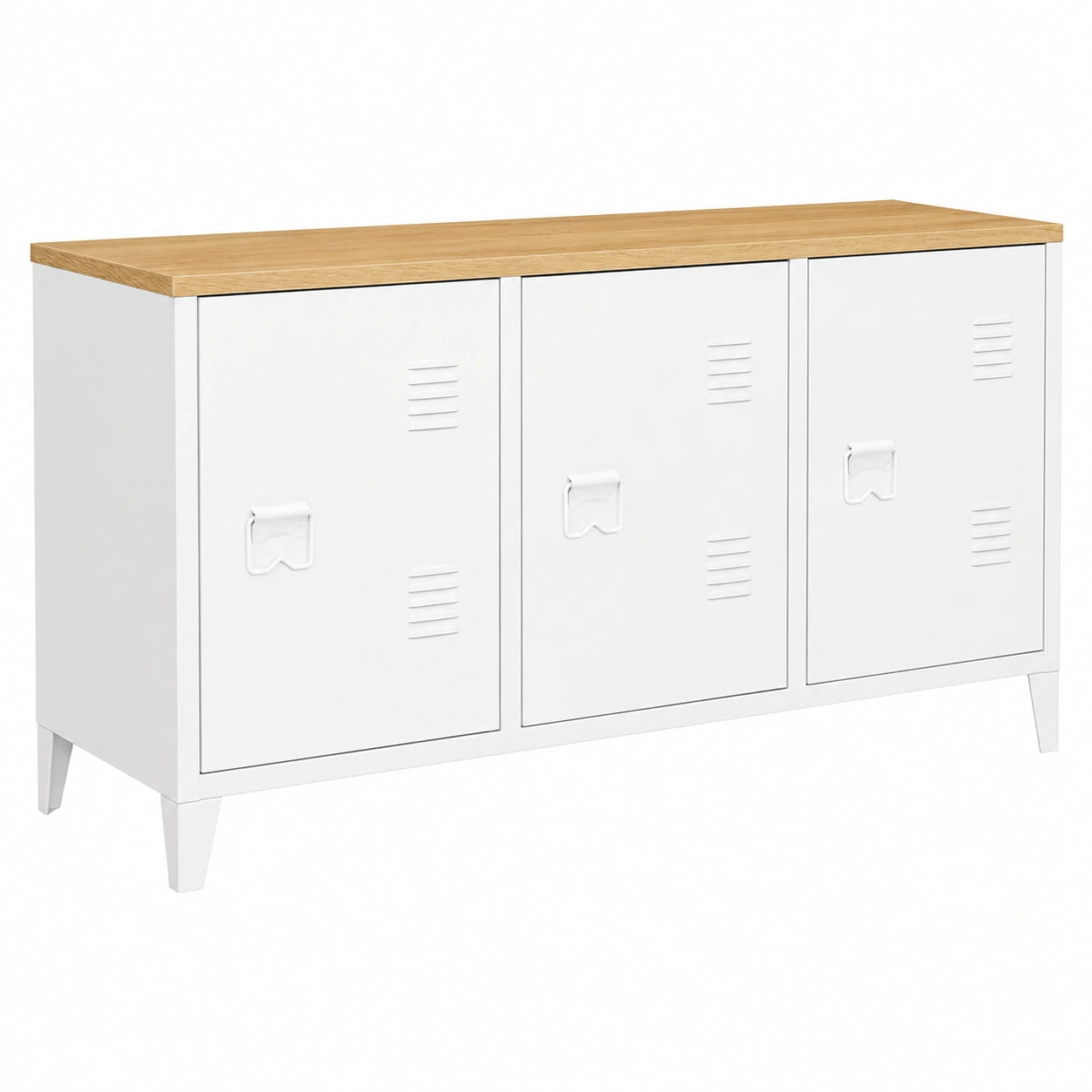 Aparador Bajo Ester de Metal Blanco y Madera, 113 cm, Diseño Industrial, 3 Puertas
