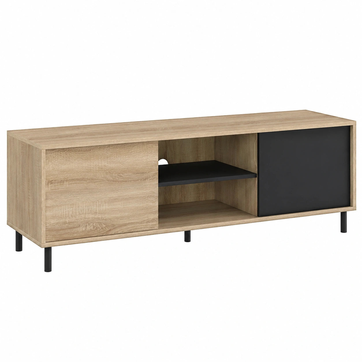 Mueble de TV 140 cm con Puertas Correderas, Diseño en Madera y Negro, Montaje Fácil