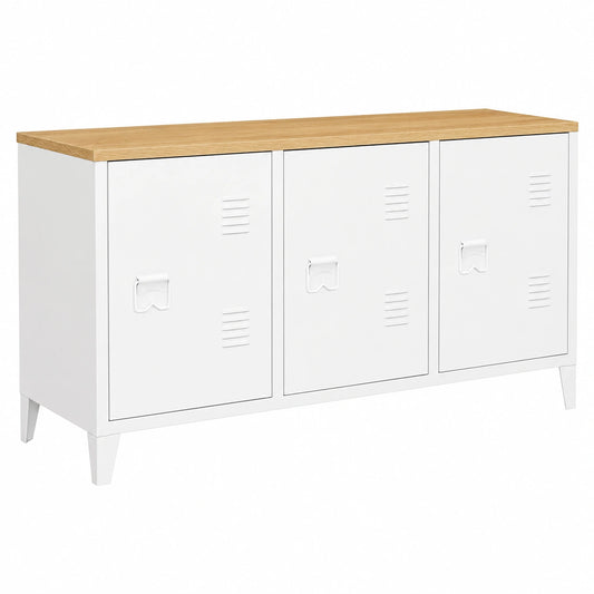 Aparador Bajo Ester de Metal Blanco y Madera, 113 cm, Diseño Industrial, 3 Puertas