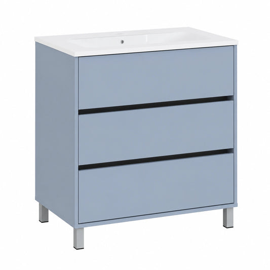 Conjunto de Mueble de Baño Azul con Espejo y 3 Cajones, 80cm - Estilo Moderno Kalma