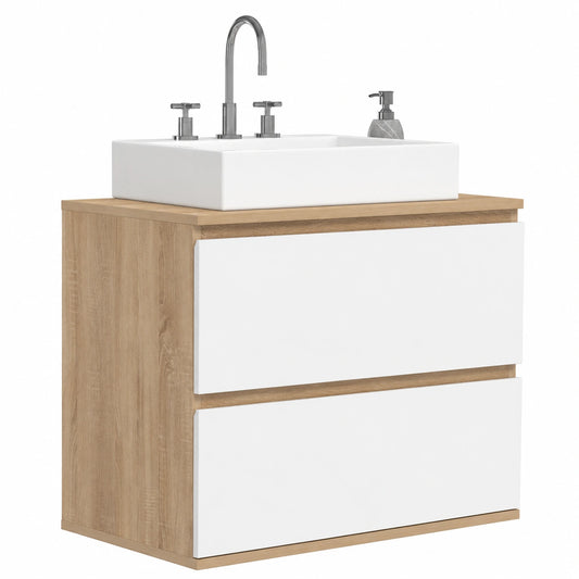 Mueble Colgante para Baño TOMI con 2 Cajones, Diseño Haya y Blanco
