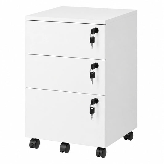 Archivador de 3 Cajones con Cerradura para Oficina, Almacenamiento Bajo Escritorio para Documentos Tamaño A4/Legal, Color Blanco