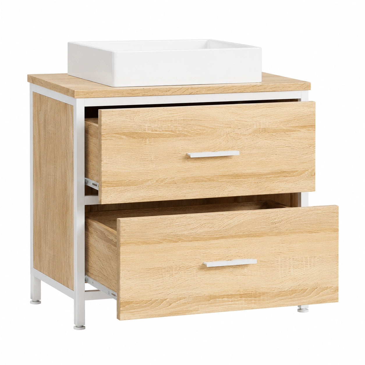 Armario de Baño con Cajones 60x30x60cm, Resistente al Agua, MDF y Metal, Roble Blanco