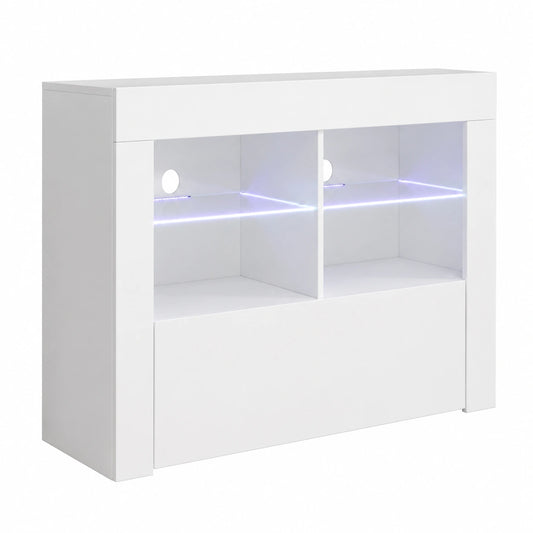 Centro de Entretenimiento Moderno con LED, Puerta Abatible, Acabado Brillante, Blanco, 100x65x35 cm