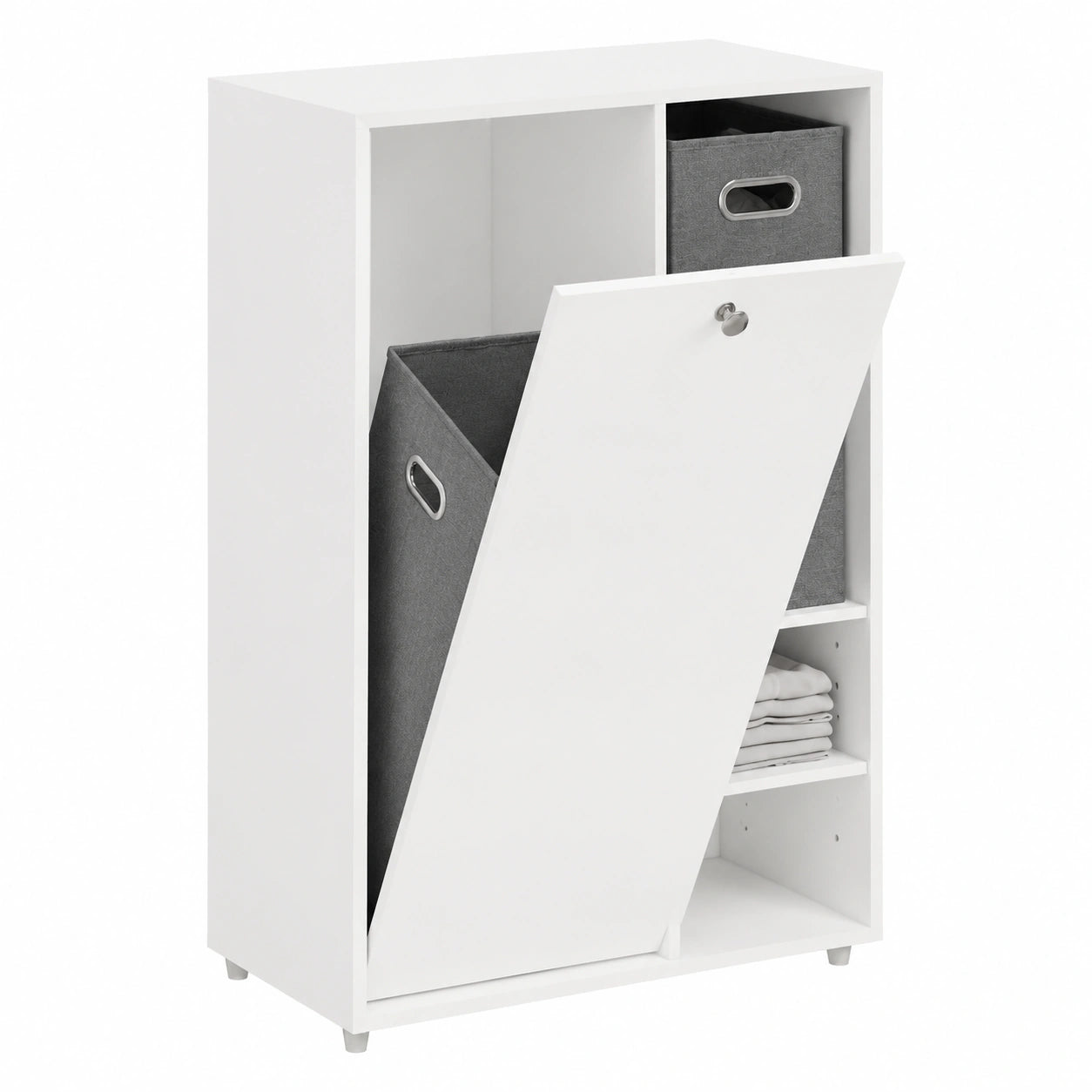 Armario Auxiliar de Baño con Cesto para Ropa Sucia y Cajones de Tela, Blanco 50x30x105 cm