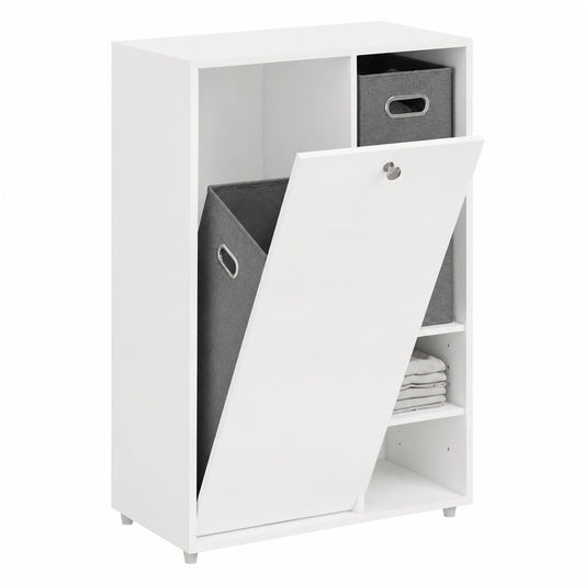 Armario Auxiliar de Baño con Cesto para Ropa Sucia y Cajones de Tela, Blanco 50x30x105 cm