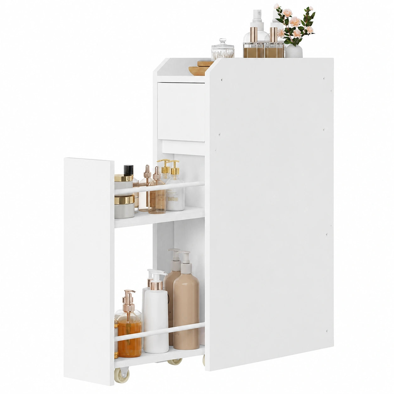 Armario de Baño Delgado HOOBRO con Cajones y Fijación, Mueble de Almacenaje Estrecho, 18 x 40 x 70 cm, Blanco